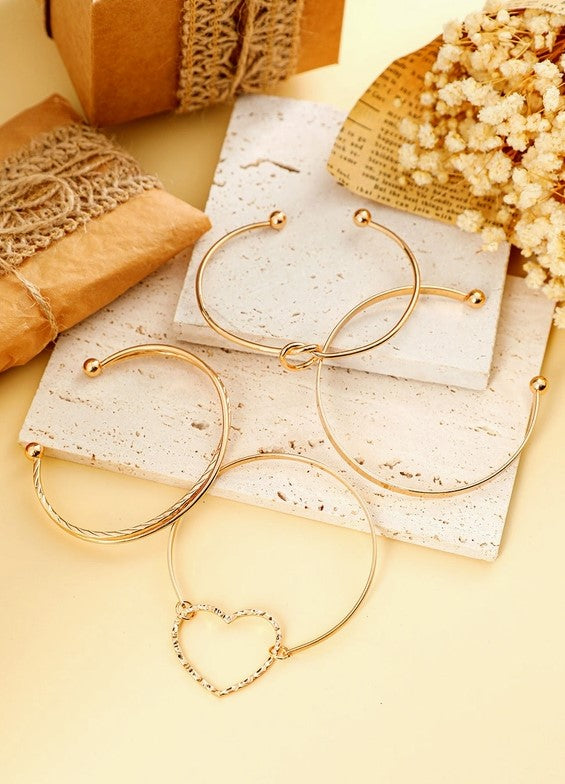 Gold Plated Heart Knot Multi-Layer Open Cuff Bracelet Set