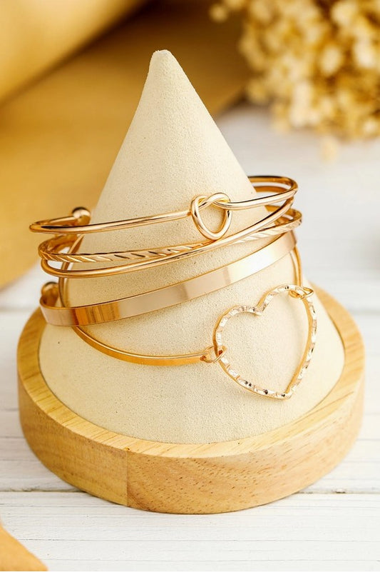 Gold Plated Heart Knot Multi-Layer Open Cuff Bracelet Set
