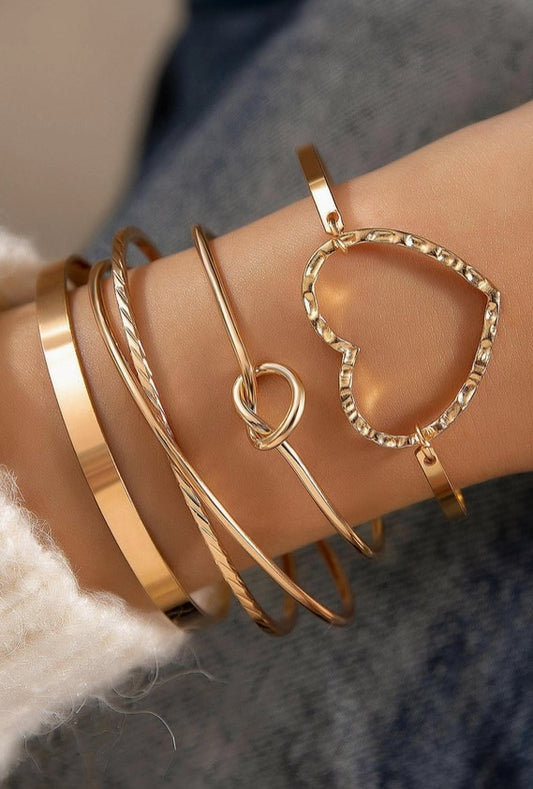 Gold Plated Heart Knot Multi-Layer Open Cuff Bracelet Set