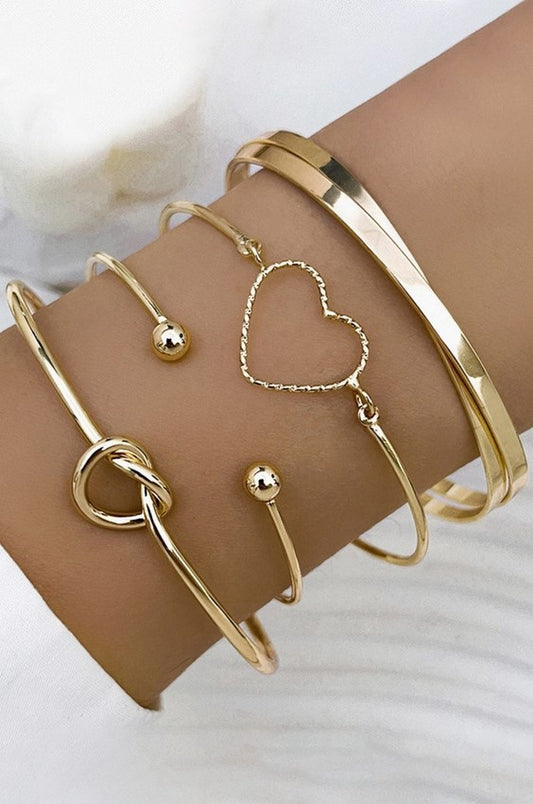 Gold Plated Heart & Love Knot Geometric 4pc. Bracelet Set