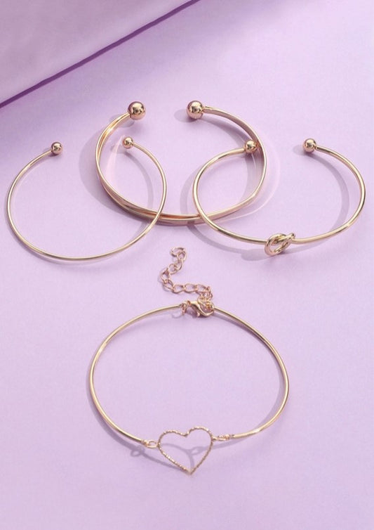 Gold Plated Heart & Love Knot Geometric 4pc. Bracelet Set
