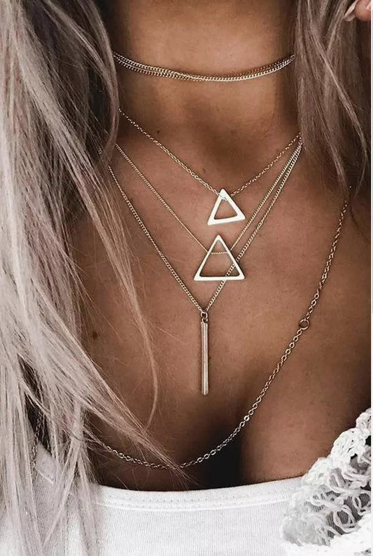 Silver Boho Triangle Bar Multi-Layered Necklace
